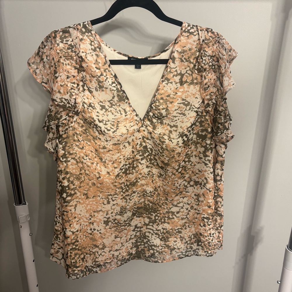Express Pink and Brown Mottled Print V-Neck Ruffle Sleeve Blouse